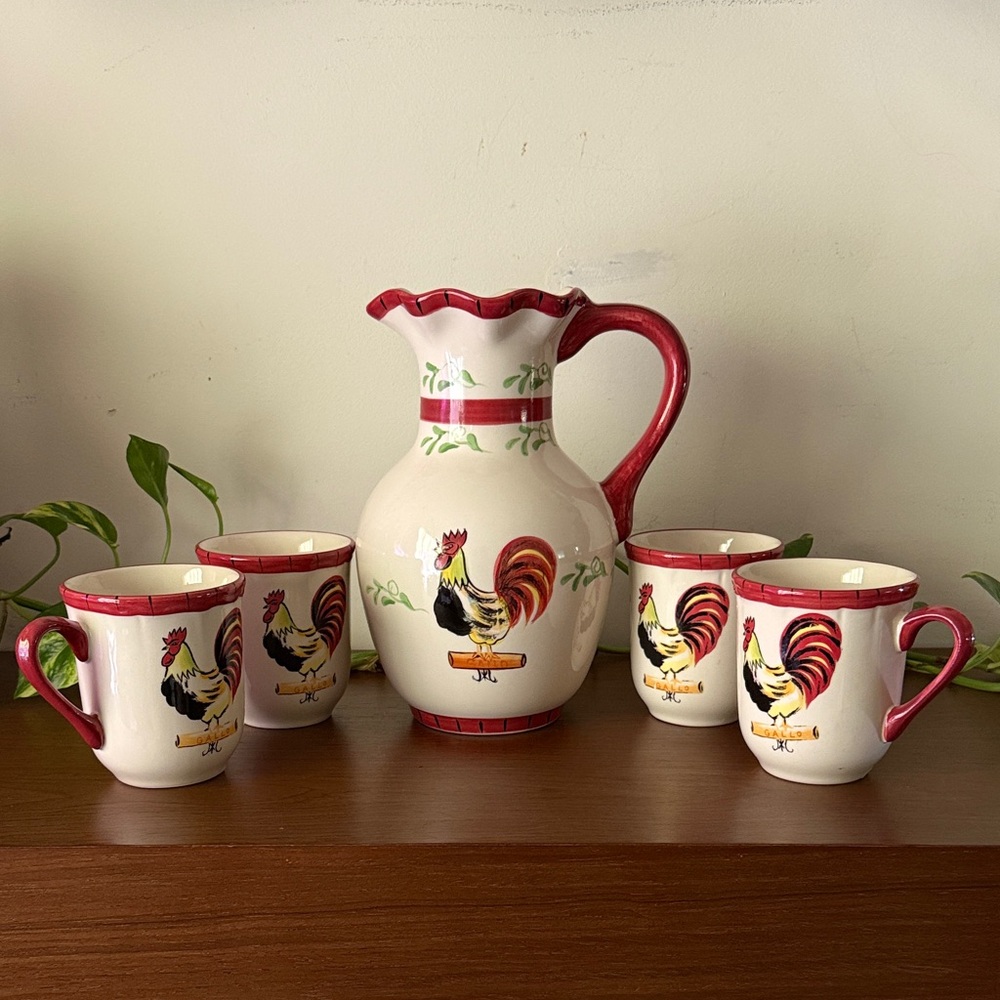 Rooster Pitcher and Mug Set in Cream and Red
